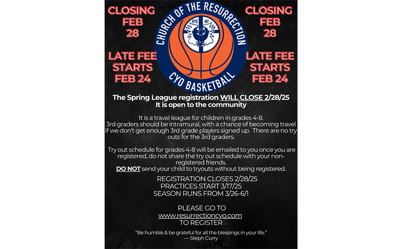 Spring 2025 CYO Registration Opening 1/31/25